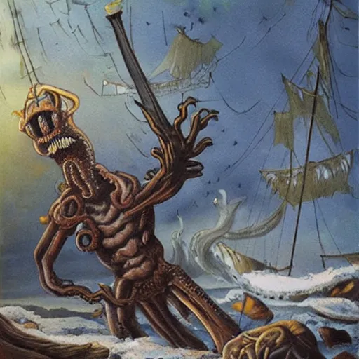 Image similar to lovecraftian monster eating victorian explorers in the arctic. art by everett kinstler.