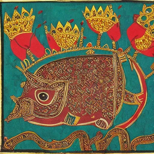 Prompt: boy with gold crown riding pig in style of Gond Paintings