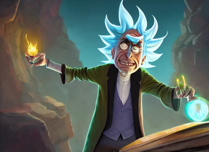 Prompt: rick sanchez from rick and morty as a wizened sorcerer, digital painting by dan volbert and mandy jurgens and deiv calviz and lim chuan shin
