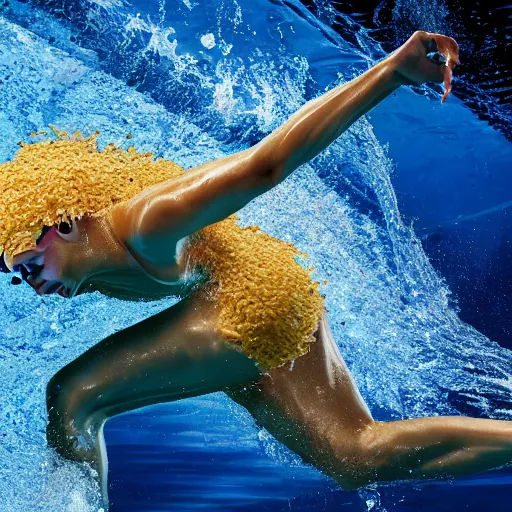 Prompt: uhd photo of olympic swimmers swimming in cheese sause, uhd hyperdetailed photography, photo by annie leibowitz