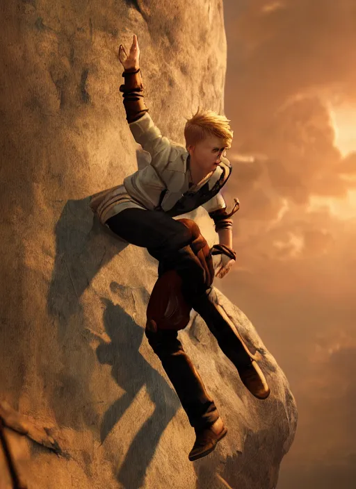 Prompt: An epic fantasy comic book style portrait painting of a young blonde boy thief climbing out of a hole, unreal 5, DAZ, hyperrealistic, octane render, cosplay, RPG portrait, dynamic lighting