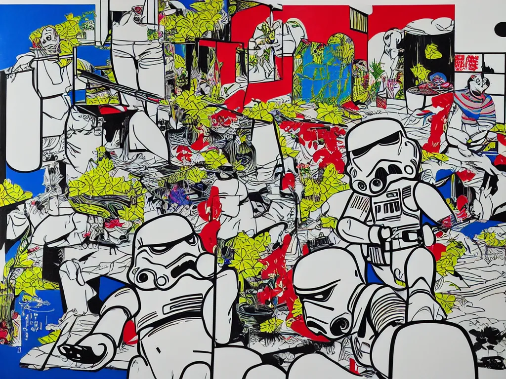 Image similar to hyperrealism composition of the japanese home with a garden, detailed stormtrooper in hot springs, pop - art style, jacky tsai style, andy warhol style, roy lichtenstein style, acrylic on canvas