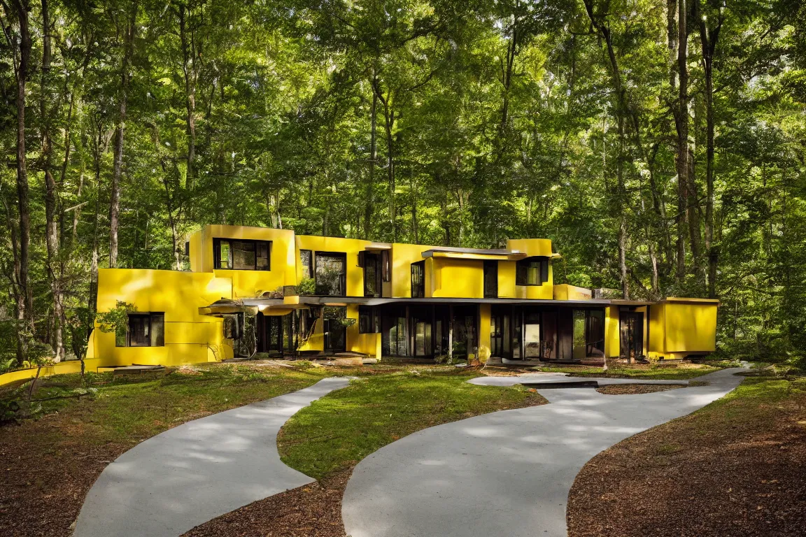 Image similar to a mid century modern house in a forest, designed by Frank Gehry. Tiles. Small gravel driveway . Film grain, cinematic, yellow hue