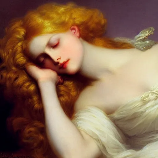 Image similar to blonde beautiful sleeping princess by Franz Xaver Winterhalter and Delphin Enjolras and Rebecca Guay