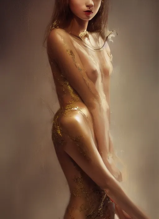 Image similar to girl portrait painting by WLOP, Andrei Riabovitchev, gold skin, transparent dress, highly detailed, harper's bazaar, vogue, magazine, concept art, ornate, luxury, elite, elegant, trending on artstation ,