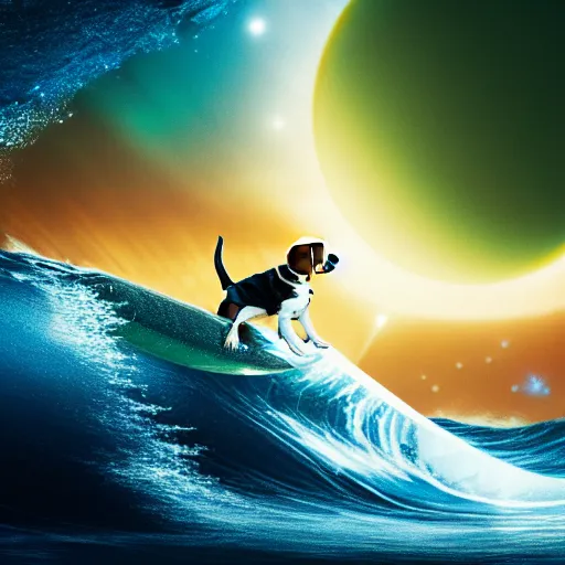 Prompt: photo of a beagle surfing a surfboard on a crashing l wave of alien ocean in space, background is an alien galaxy, aliens in the background, alien colors, octane render, unreal engine, wide view, 8 k, high detaild