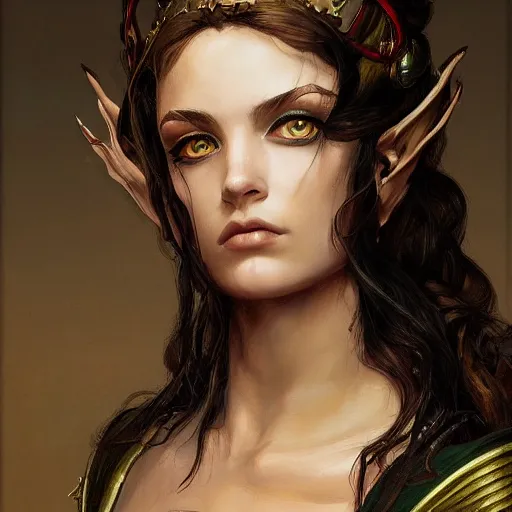 Image similar to high quality high detail portrait of a young gorgeous female warlock looking away from the camera, detailed eyes, no hands visiblefantasy, d & d, painting by lucian freud and mark brooks, hd