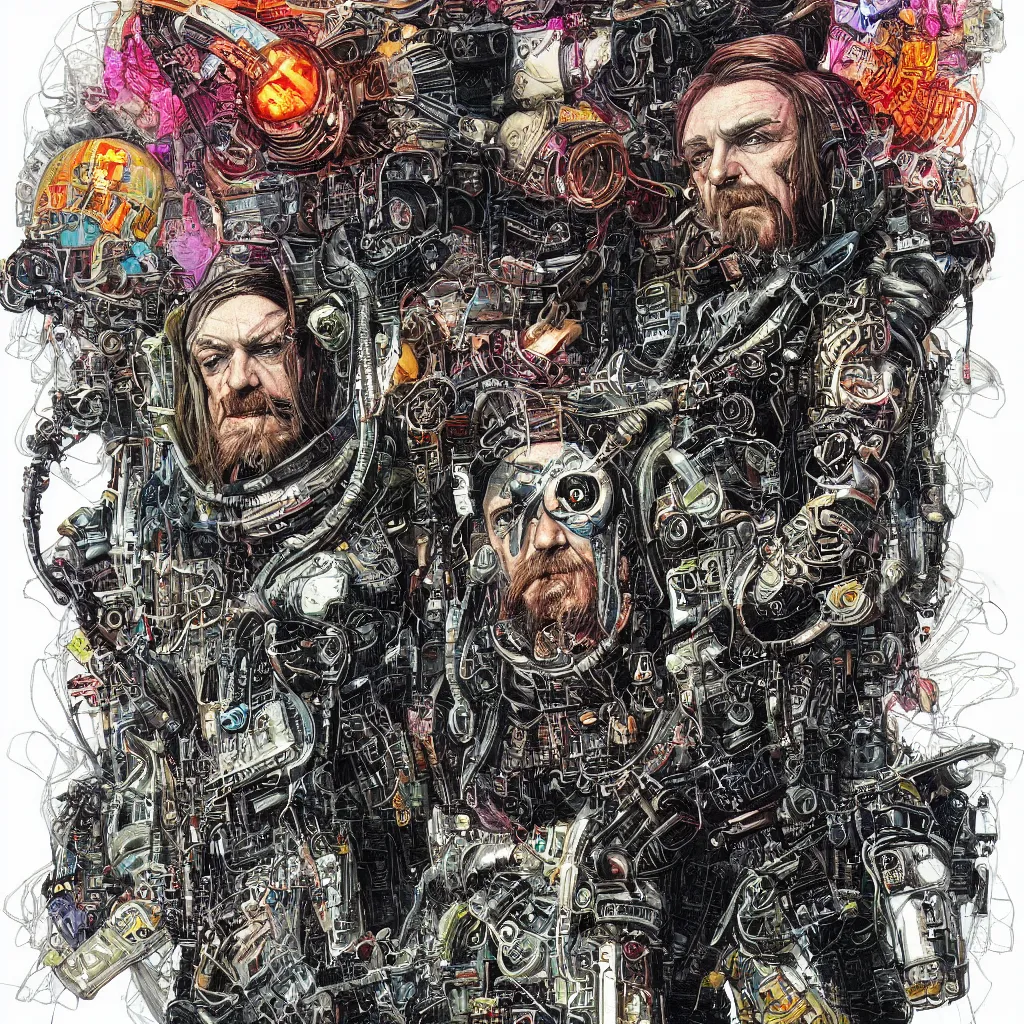 Prompt: A dramatic full-color cyberpunk art nouveau styled bust portrait of lemmy kilmister as a futuristic space punk rebel, hyperdetailed mixed media artwork combining the styles of Travis Charest, Michael Whelan, Bill Sienkiewicz, Duncan Fegredo, Simon Bisley, fineliner illustration, pen and ink drawing, vast power, stoicism, pessimism, confident shaded eyes, tarnished and rusted metal, wrought iron architecture, perfectly symmetrical facial features, 8k, deeply hyperdetailed, cinematic lighting, realistic mechanical details, 8k, UHD, HDR