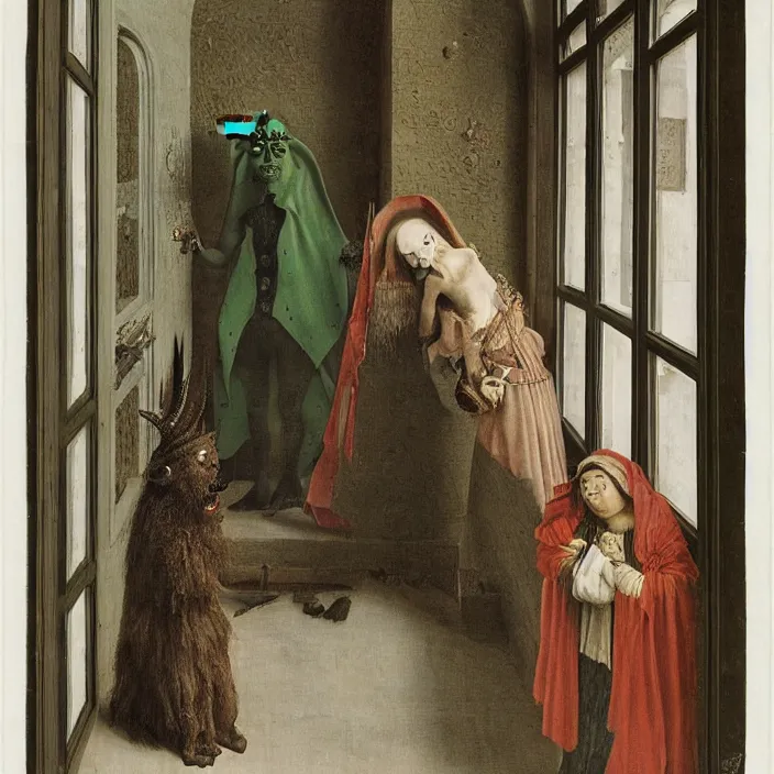 Prompt: a green-horned goblin monster peeks through a window, staring at a woman in a white dress, by Jan van Eyck