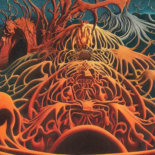 Image similar to new visions of hell, very detailed and colorful, by August Mobius, by Roger Dean, by M.C. Escher, beautiful, eerie, surreal, psychedelic