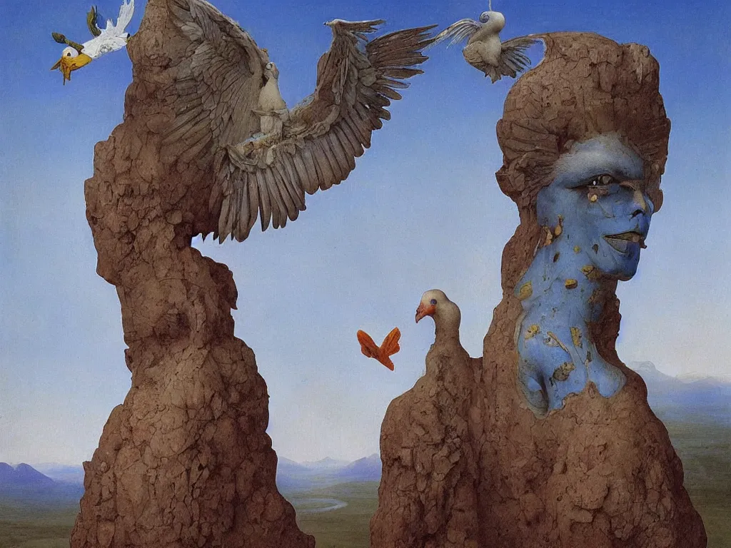 Prompt: Albino mystic with his back turned, looking in the distance in the mountains at giant totemic archaic sculpture mask sculpted temple from Lapis Lazuli with beautiful exotic dove. Painting by Jan van Eyck, Beksinski, Audubon, Rene Magritte, Agnes Pelton, Max Ernst, Walton Ford