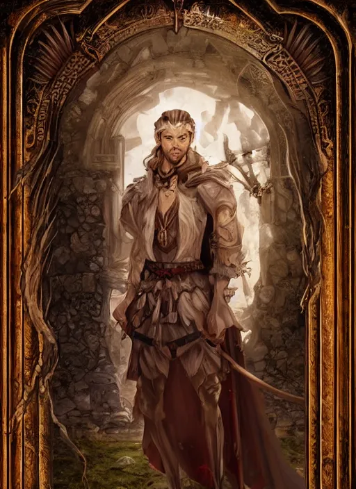 Image similar to a fantasy rpg portrait painting of a male cleric, old mystic ruins, afternoon, intricate, elegant, highly detailed, digital painting, sharp, focus