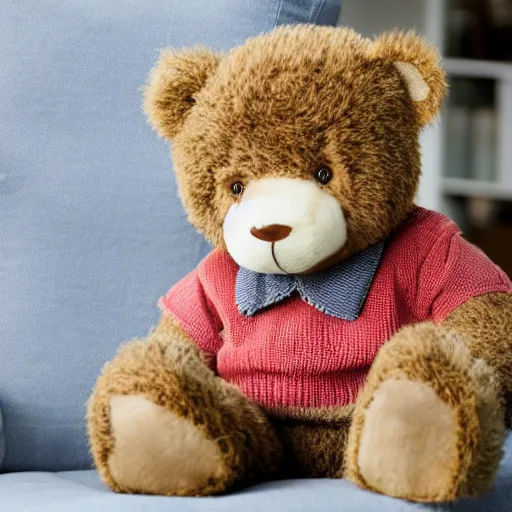 Image similar to a teddy bear with an unnerving smile wearing a sweater vest sitting on a couch, 4 k photo