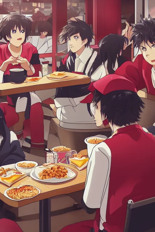 Prompt: a beautiful picture of people have breakfast in kfc, anime, detailed, 8 k