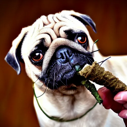 Prompt: pug with a rolled up spliff in its mouth with smoke, photo realistic, dslr camera