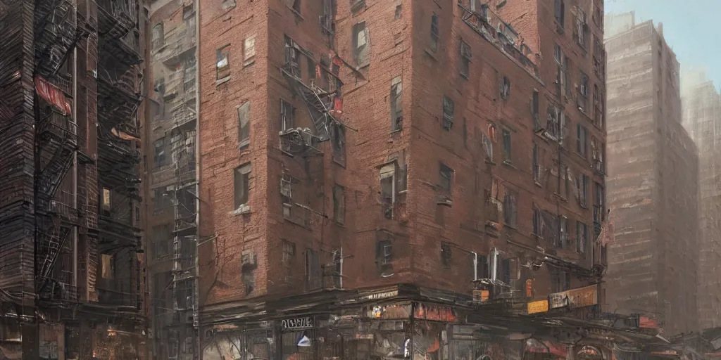 Image similar to new york city block facade. texture. doors. storefronts. street. art by greg rutkowski and william o'connor