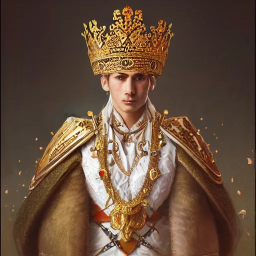 Image similar to a realistic king with decorated clothes made of white pearls and white plumes of swan, highly detailed, digital painting, Trending on artstation , HD quality, by artgerm and greg rutkowski and alphonse mucha, dramatic light, octane