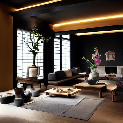 Image similar to lounge and dining room, stone, interior design, stylish luxury hotel living room design, yakisugi, black vertical slatted timber, textures, feminine, black walls, art, Japanese pottery vase with flowers, kakejiku, seasonal, Japanese influences