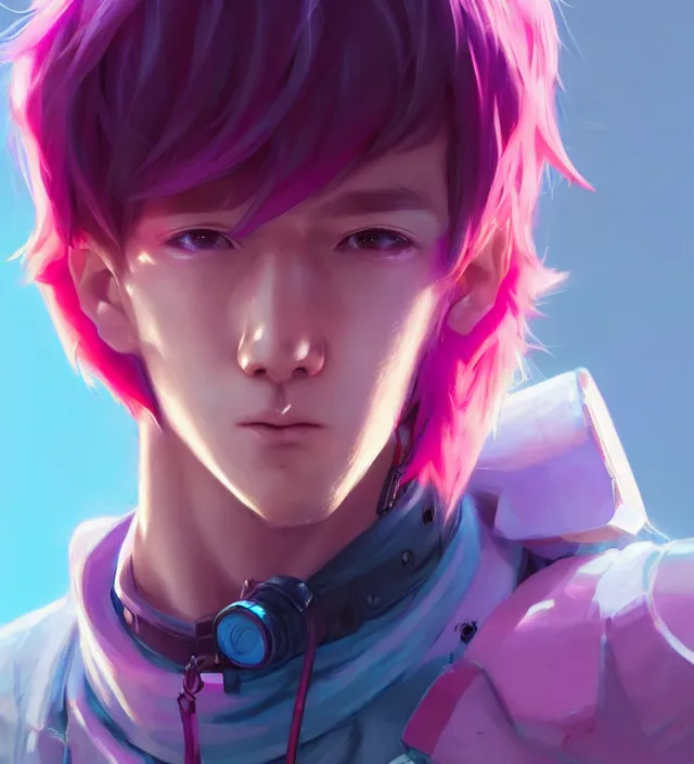 Image similar to character concept art of a cute young cyberpunk boy with colorful hair and collar | | cute - fine - face, pretty face, key visual, realistic shaded perfect face, fine details by stanley artgerm lau, wlop, rossdraws, james jean, andrei riabovitchev, marc simonetti, and sakimichan, trending on artstation