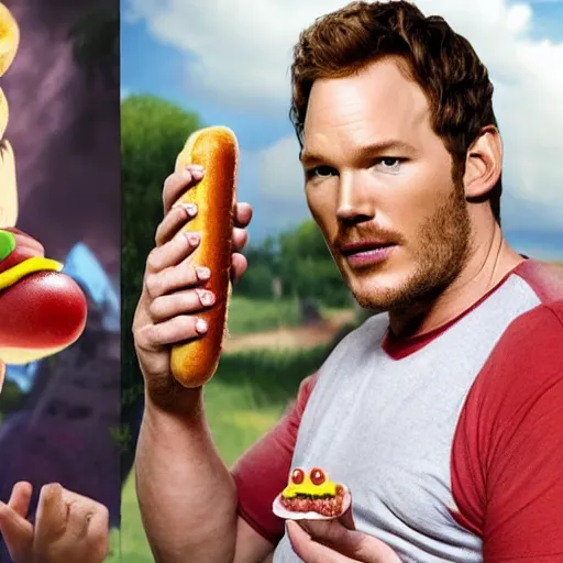 Prompt: realistic photo of chris pratt as mario sucking on a hotdog