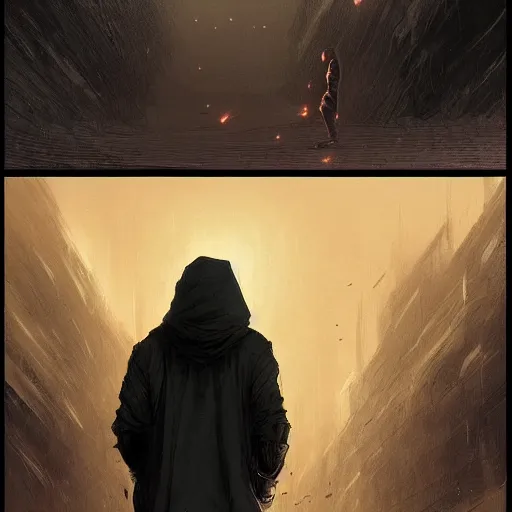 Prompt: a man in a black hoodie coming back home from a portal through the multiverse, vintage comic, greg rutkowski