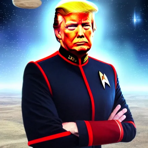 Image similar to portrait of donald trump wearing a starfleet captain's outfit, star trek uniform, dressed like picard, matte painting, extreme detail, trending on artstation, by isaac levitan and asher brown durand,