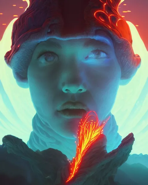 Image similar to highly detailed surreal vfx portrait of a futuristic fire mage in a volcano with lava, stephen bliss, unreal engine, greg rutkowski, loish, rhads, beeple, makoto shinkai and lois van baarle, ilya kuvshinov, rossdraws, tom bagshaw, alphonse mucha, global illumination, detailed and intricate environment