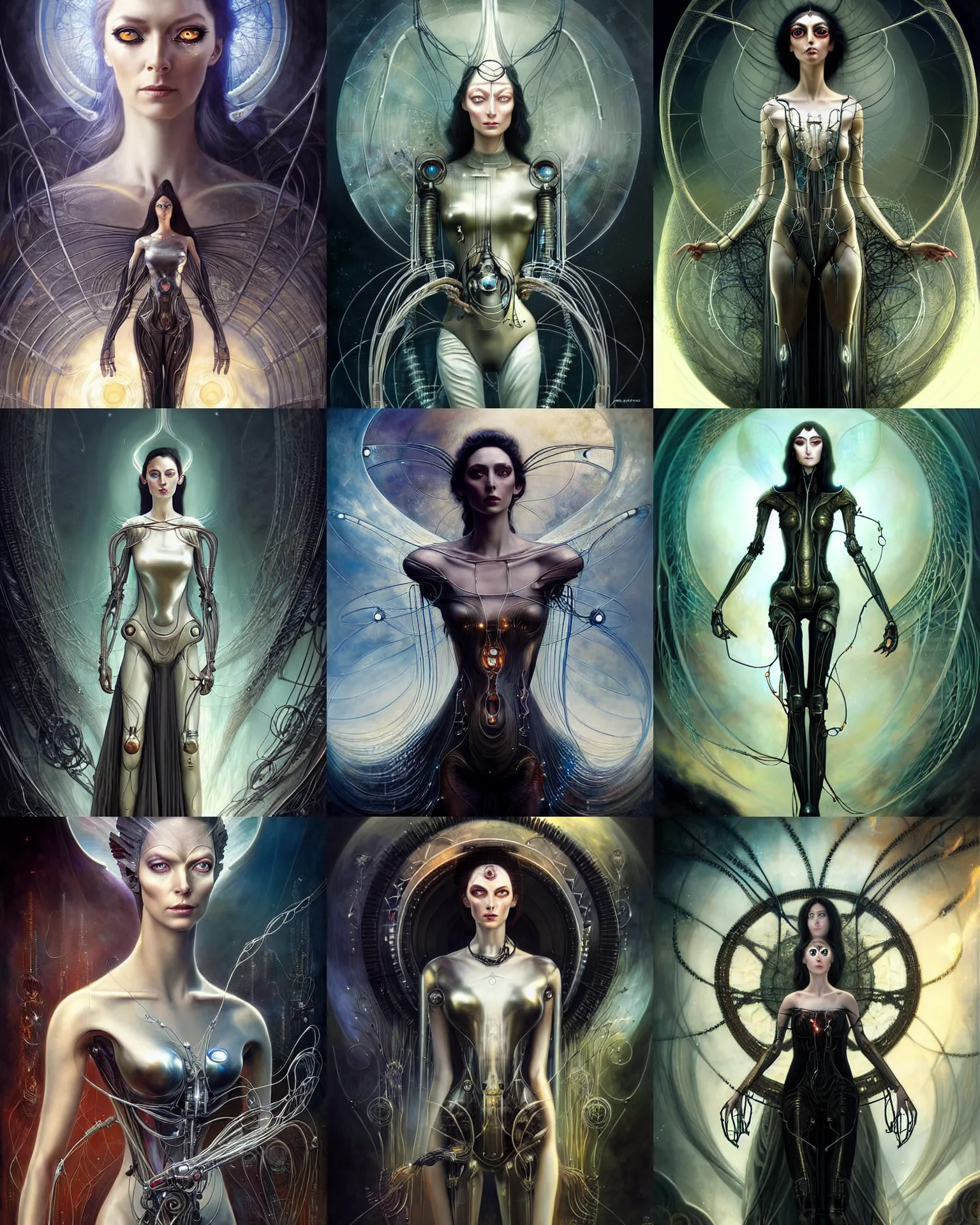 Prompt: karol bak and tom bagshaw and bastien lecouffe - deharme full body character portrait of galadriel as the combination of alita and borg queen, floating in a powerful zen state, supermodel, beautiful and ominous, wearing combination of mecha and bodysuit made of wires and silk, machinery enveloping nature in the background, scifi character render