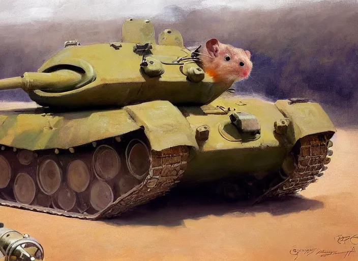 Prompt: a highly detailed beautiful portrait of an evil hamster on a tank, by gregory manchess, james gurney, james jean