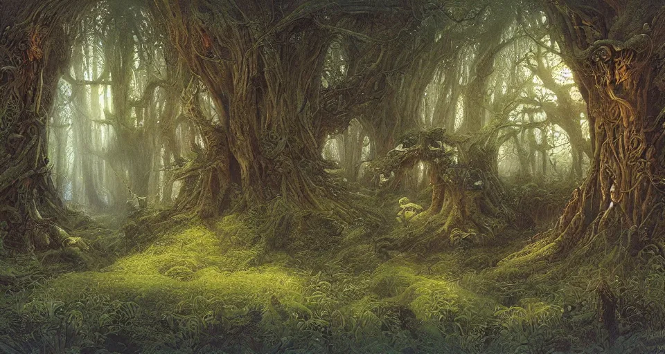 Image similar to Enchanted and magic forest, by john howe