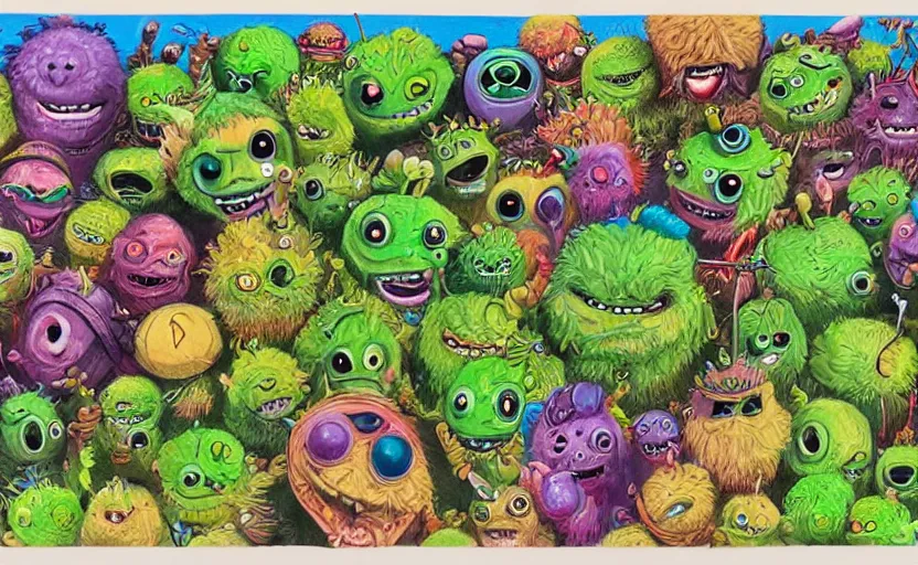 Image similar to an army of different cute green tennis ball monsters, colorful, digital art, fantasy, magic, chalk, trending on artstation, ultra detailed, detailed, fine details, professional illustration by basil gogos