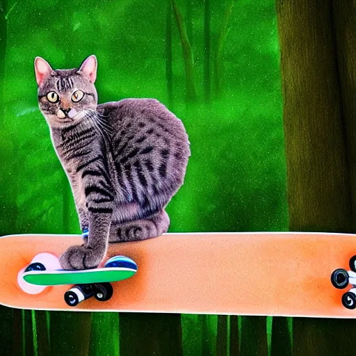 Image similar to a cat riding a skateboard in a forest, digital art