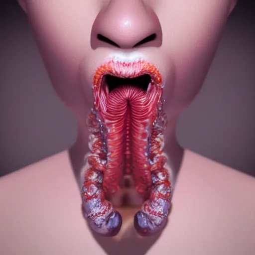 Image similar to highly photorealistic expired fuji film portrait of woman with long tentacled tongue, unreal engine 5, high octane render, award winning photography