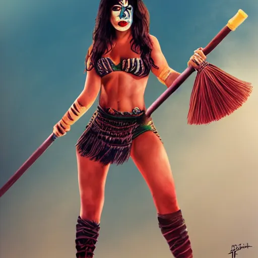 Prompt: camilla cabello as an amazonian woman with red face paint in fighting pose holding a broom, wide full body, movie poster, realistic hyper detailed concept art