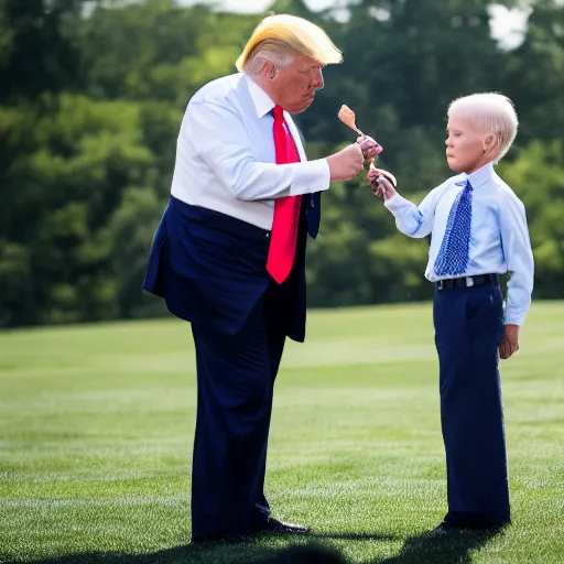 Image similar to Donald Trump and Joe Biden fighting over a sausage, Canon EOS R3, f/1.4, ISO 200, 1/160s, 8K, RAW, unedited, symmetrical balance, in-frame