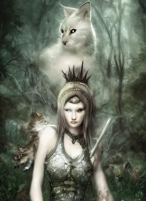 Image similar to medieval female warrior, green eyes, dark forbidden forest, wolves, white cat, by Lecouffe-Deharme, by Natalie Shau