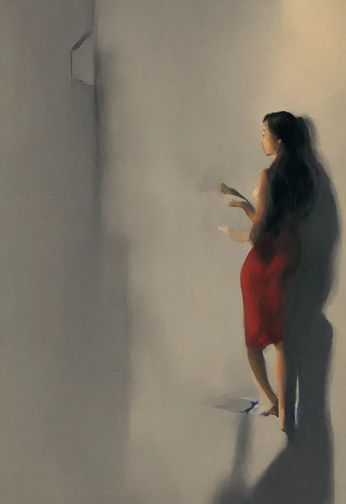 Image similar to gorgeous famous asian actress girl dropping the shadow of her desires on the wall of empty house with a light from a window creating dreams, style of James Jean, Edward Hopper, Francis Bacon, colors of Mark Rothko, Frank Auerbach, trending on artstation, Greg Rutkowski, dark atmosphere