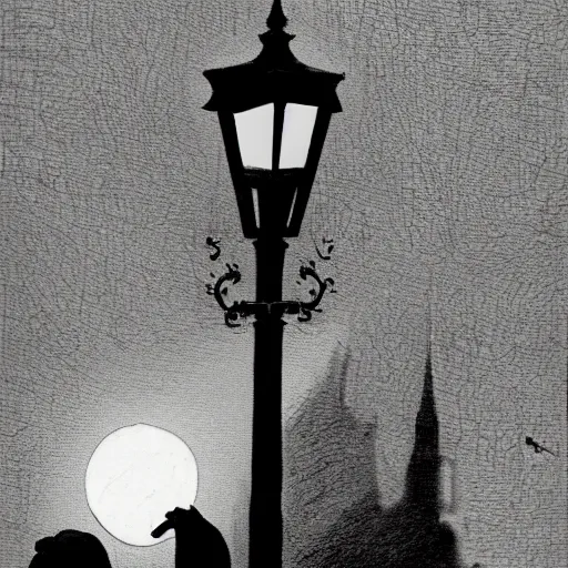 Image similar to a pig in a tuxedo, street lamp, illustration by Gustave Doré, high detail, eerie, street lamp, barn, creepy, dark, night, misty, moon, chiaroscuro, film noir