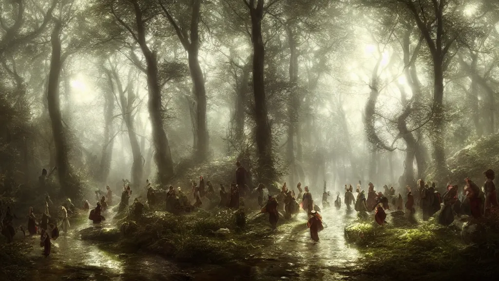 Image similar to procession of elves in the magical forest. andreas achenbach, artgerm, mikko lagerstedt, zack snyder, tokujin yoshioka, impressionist