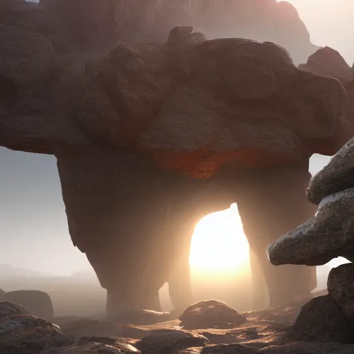 Image similar to a giant robot made out of rocks standing on mountains during foggy weather and a planet in the backround, award winning, trending on artstation, unreal engine