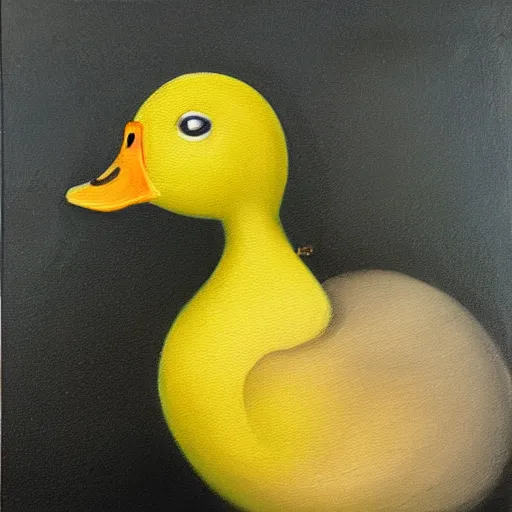 Image similar to yellow duck standing and holding a knife, oil painting