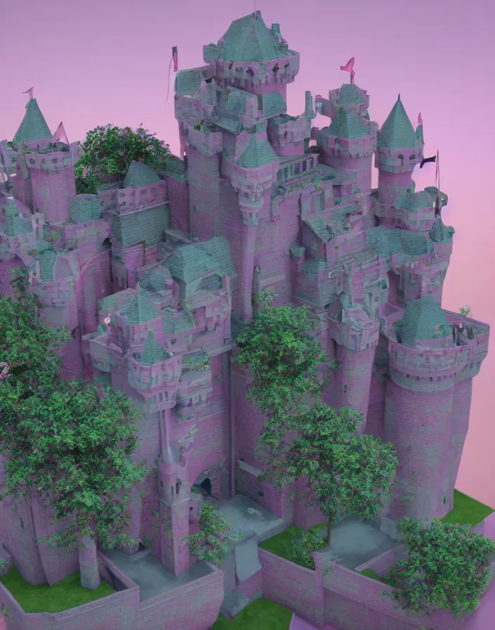 Prompt: 3d render vaporwave castle, octane render, photorealistic highly detailed aesthetic