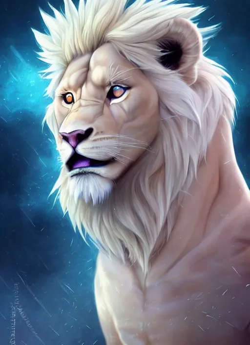 Image similar to aesthetic portrait commission of a of a male fully furry muscular anthro albino lion with a tail and a beautiful attractive hyperdetailed face, wearing stylish and creative wearing school uniform outfit in a sci-fi dystopian city at golden hour while it storms in the background. Character design by charlie bowater, ross tran, artgerm, and makoto shinkai, detailed, inked, western comic book art, 2021 award winning film poster painting