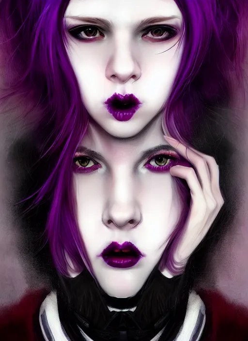 Image similar to portrait of white teenage girl, normal face, black bangs, mall goth, cyberlox, black and white hair, bangs, fluffy bangs, red contacts, purple lipstick, intricate, elegant, highly detailed, digital painting, artstation, concept art, sharp focus, smooth, illustration, art by wlop, mars ravelo and greg rutkowski