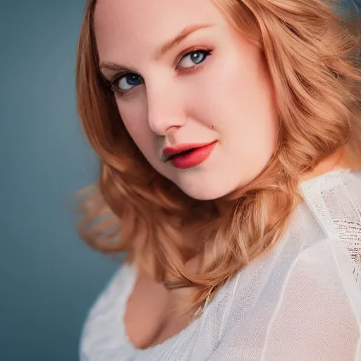 Image similar to a portrait photograph of a curvy, radiant, bubbly, 2 5 - year - old canadian plus - size model, strawberry - blond hair, creamy skin, portrait canon 8 5 mm f 1. 2 photograph head and shoulders portrait