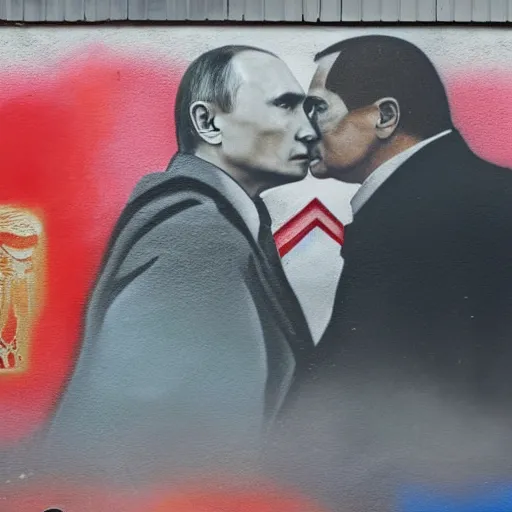 Image similar to Vladimir Putin and Sergey Lavrov kissing, kiss on the berlin wall graffiti, 8k