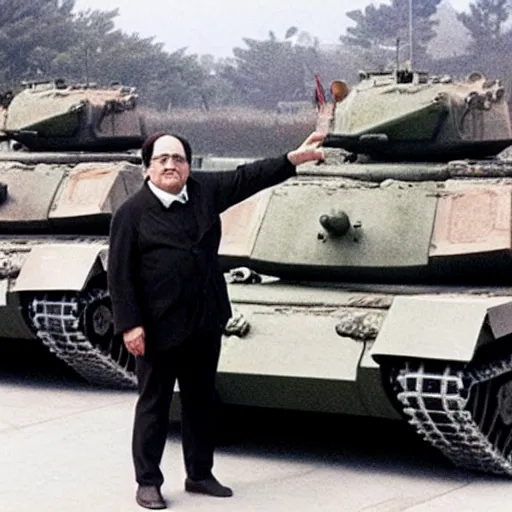 Image similar to Danny DeVito standing in front of Chinese tanks, photograph taken by AP, Tiananmen Square, Beijing