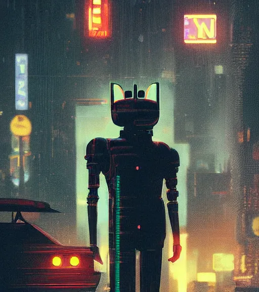 Image similar to new york city portrait of furry anthro anthropomorphic stylized cat head android service droid robot machine fursona wearing gloomy rainy screenshot from the video game cyberpunk 2077 digital art by Greg Rutkowski, Simon Stalenhag, christopher nolan trending on Artstation, CGSociety