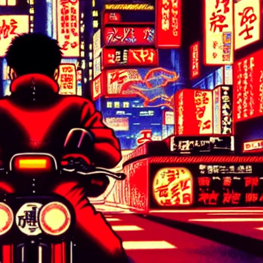 Image similar to kaneda on his motorcycle in neo tokyo looking for akira, night, neon lights, speed, art by katsuhiro otomo, ultra detailed, 8 k