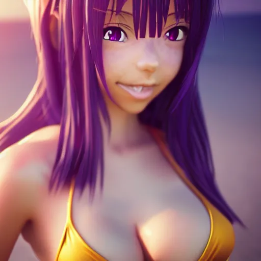 Image similar to Render of a very beautiful 3d anime girl, long hair, purple eyes, cute freckles, full round face, short smile, cute bikini, golden hour, serene beach setting, medium shot, mid-shot, highly detailed, trending on Artstation, Unreal Engine 4k